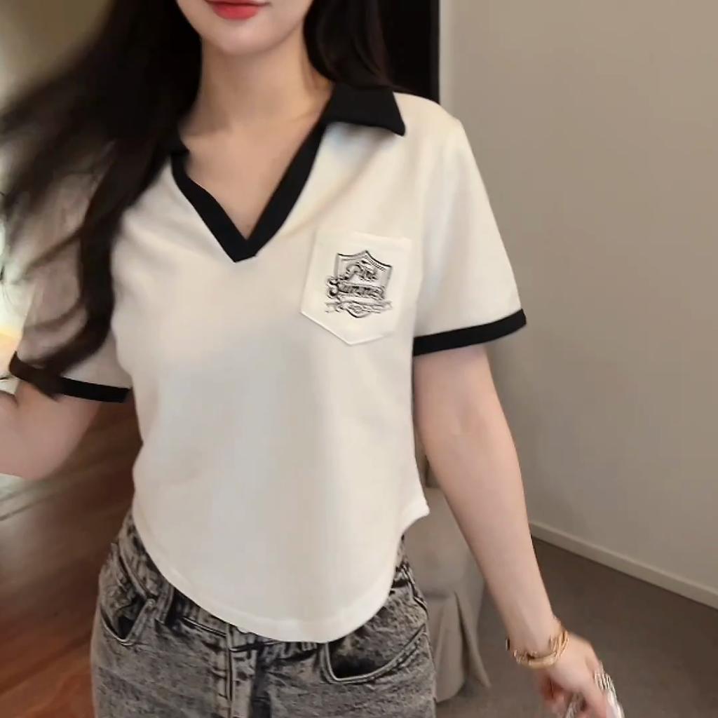 Summer irregular Letter embroidery t shirts Women‘s polo collar Short-sleeve T-shirt casual loose Elastic y2k Tops women clothes
