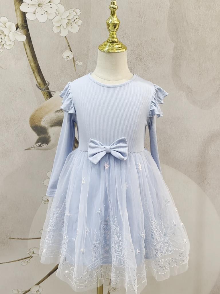 Girls Blue Castle Print Tulle Dress Kids Ruffle Long Sleeve Princess Dress