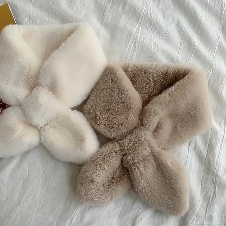 Thicken Neckerchief Wrap Elegant Cross Scarf Women Winter Warm Shawl Faux Rabbit Fur Neck Warmer