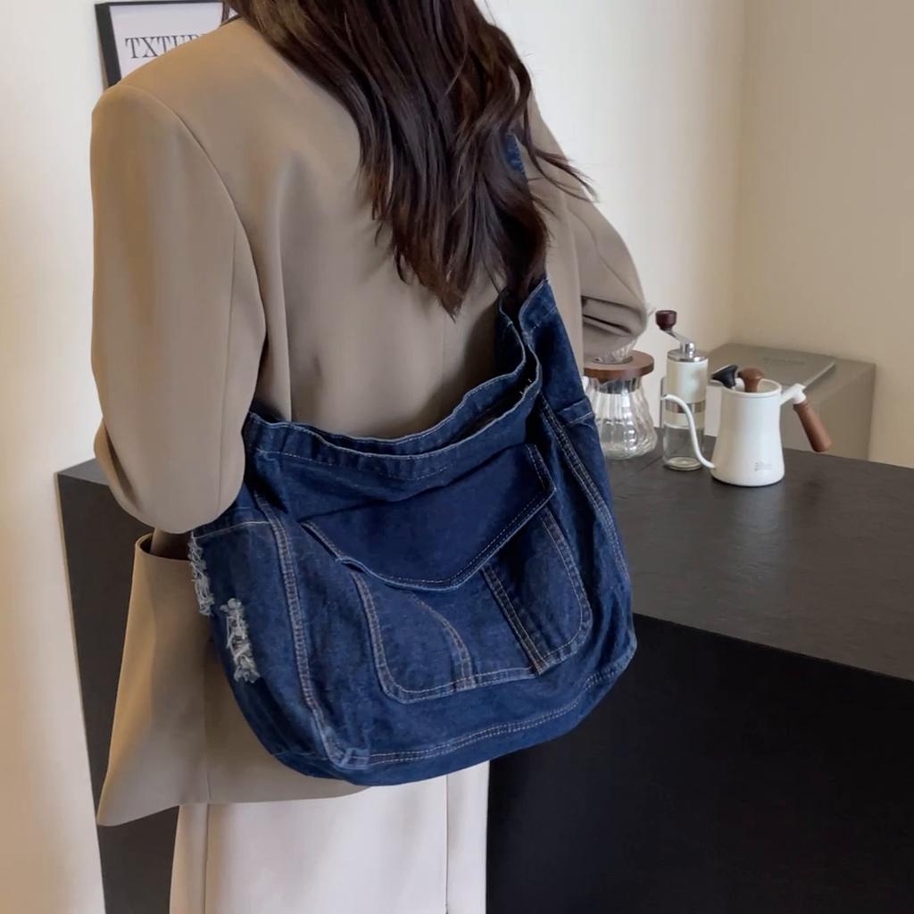 Large Capacity Tote Bag Women's Denim Messenger Bag Shoulder Crossbody Bag