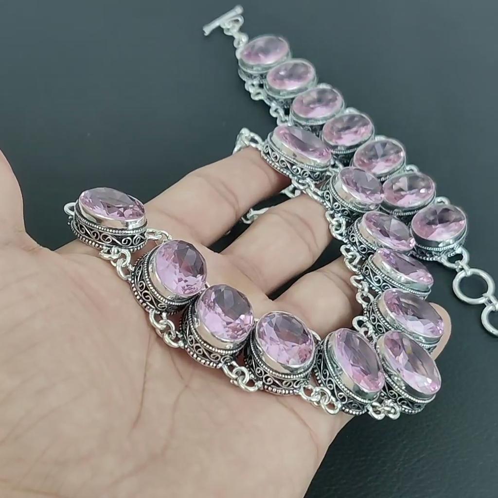 Dainty Pink Kunzite Gemstone Handmade 925 Sterling Silver Jewelry Pink Kunzite Neclace Bracelet Set, Antique Jewelry Set, Bracelet Party Wear Gift