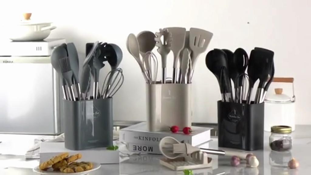13 PCS Silicone Kitchen Utensil Set Stainless Steel Handle Kitchen Cooking Baking Tools Kitchenware Accessories Storage Bucket