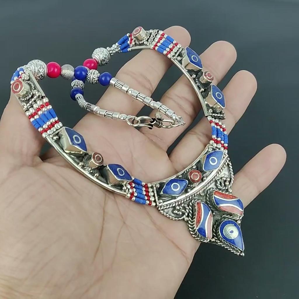 Lapis Lazuli, Coral 925 Sterling Silver Necklace Tibetan Silver Necklace Bohemian Antique Necklace Handmade Jewelry Nepali Necklace Gift For Wife