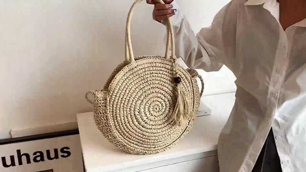 Yogodlns Summer Beach Bag Round Straw Bags for Women Rattan Shoulder Bag Travel Handmade Woven Large Capacity Handbag Female Shopper Tote