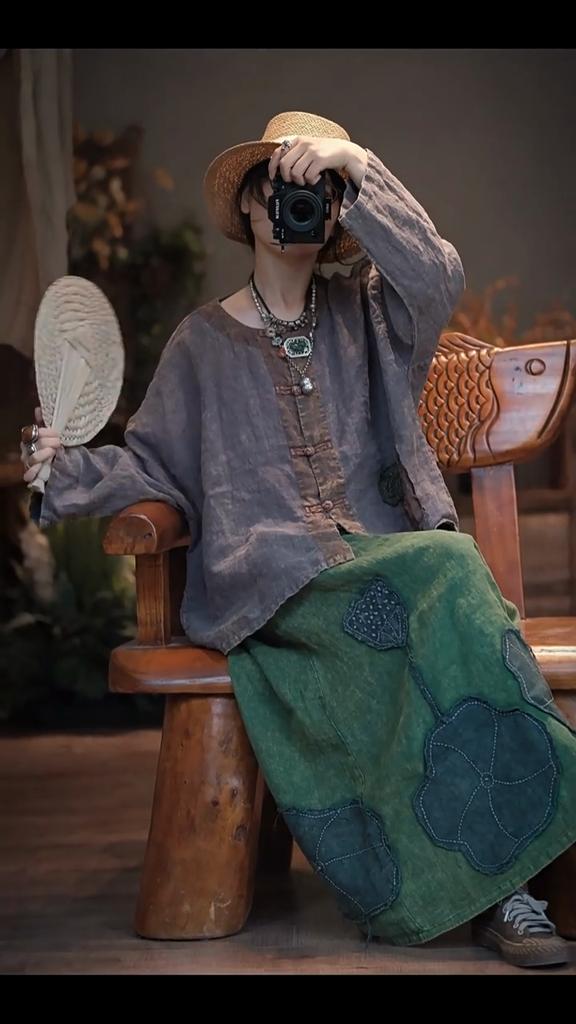 Johnature Vintage Women Patchwork Skirts Elastic Waist Green Autumn High Quality Female A-Line Skirts