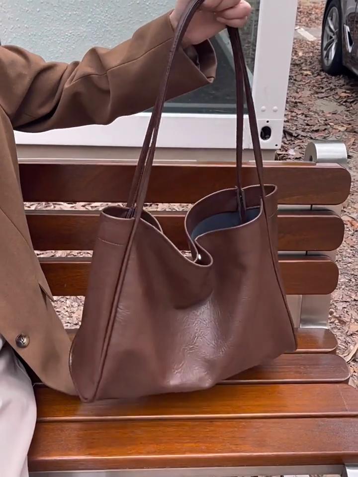 Fashion Retro Leather Tote Bags for Women 2024 Trend Female Simple Large Capacity Shoulder Bag Big Solid Color Handbags Purse