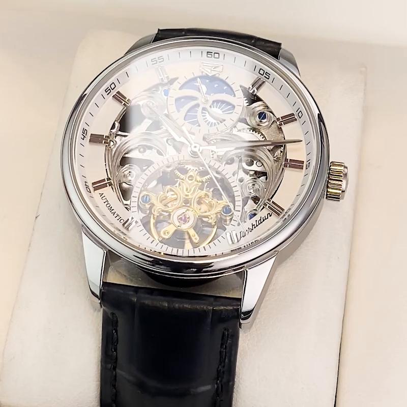 JINSHIDUN Ny forretnings- og fritidsklokke for herremote Hollow Moon Phase Vanntett lysende mekanisk klokke High-end herreklokke