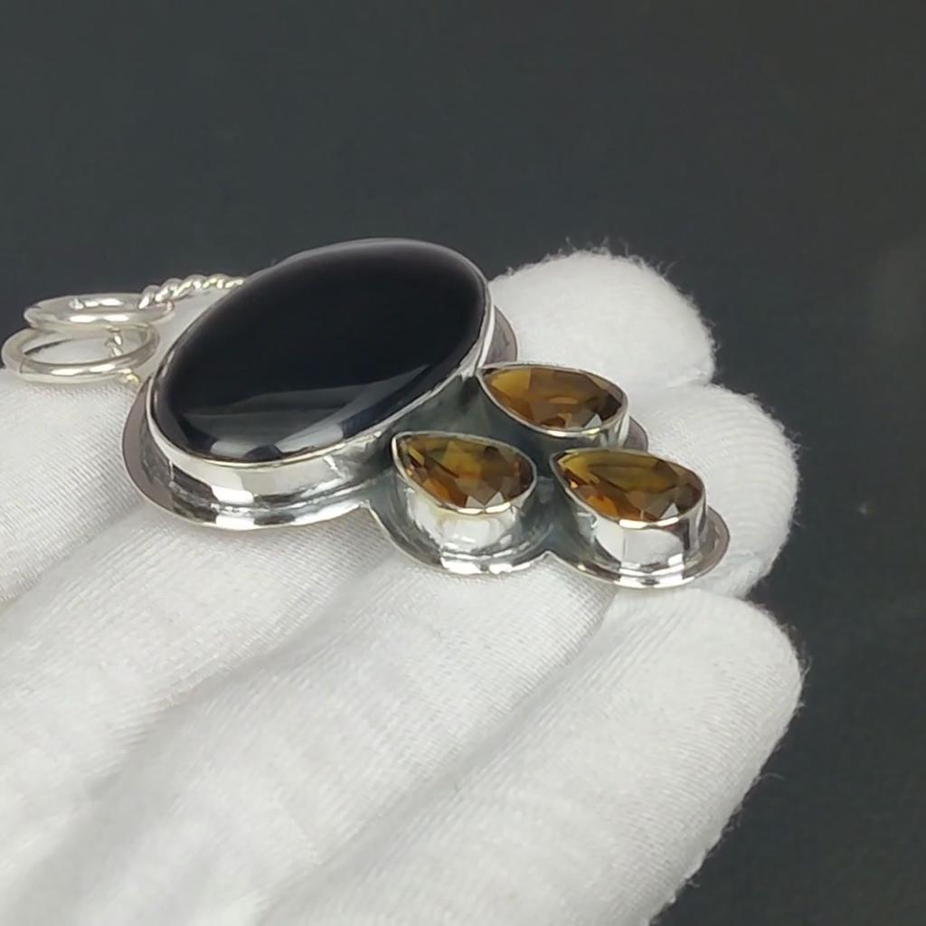 Black Onyx, Honey Topaz Gemstone Silver Pendant, 925 Sterling Silver Jewelry Pendant, Natural Black Onyx Pendant For Women Pendant For Her