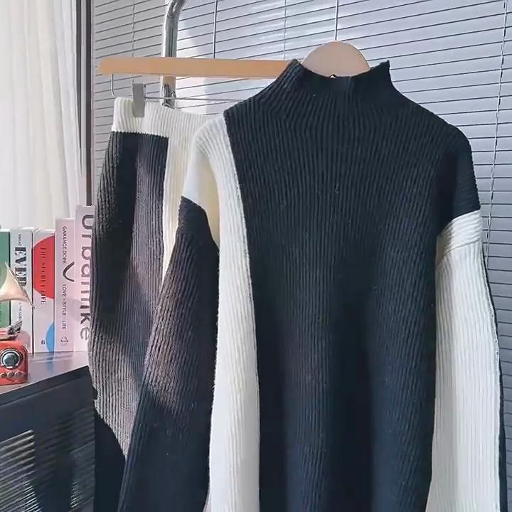 Chic Turtleneck Sweater Women's Fashion Sets Fall and Winter Color Clashing Knit Set High Waist Skirt Suit