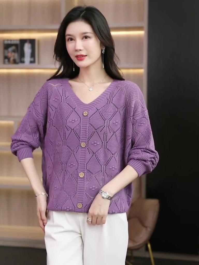 Women's Plus Size Sweater Thin Hollow Solid Color V-Neck Sweater Loose Knit Pullover Top Summer