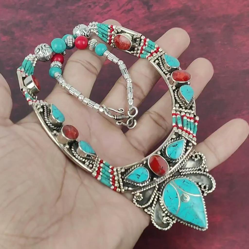 Blue Turquoise & Coral Handmade Gemstone Nepali Necklace, 925 Solid Sterling Silver Necklace, Adjustable Chain Necklace Engagement Gift