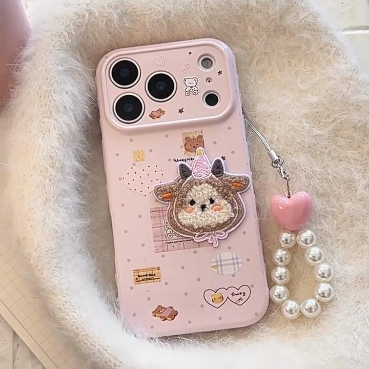 Phone Case With Chain For iPhone 17 16 15 14 13 12 Pro MAX 11 Cartoon Embroidery Plush Sheep Sticker Shockproof Soft Phone Cover