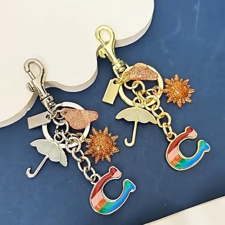 Rainbow Sun Umbrella Keychain With Metallic Finish For Fashionable Bag Decor