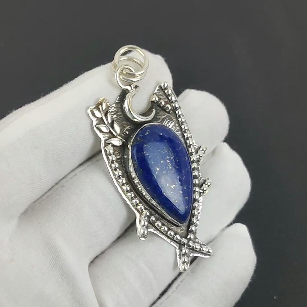 Natural Lapis Lazuli Gemstone Silver Pendant In 925 Sterling Silver- Handmade Design, Everyday Wear Jewelry, Unique Pendant Birthday Gift