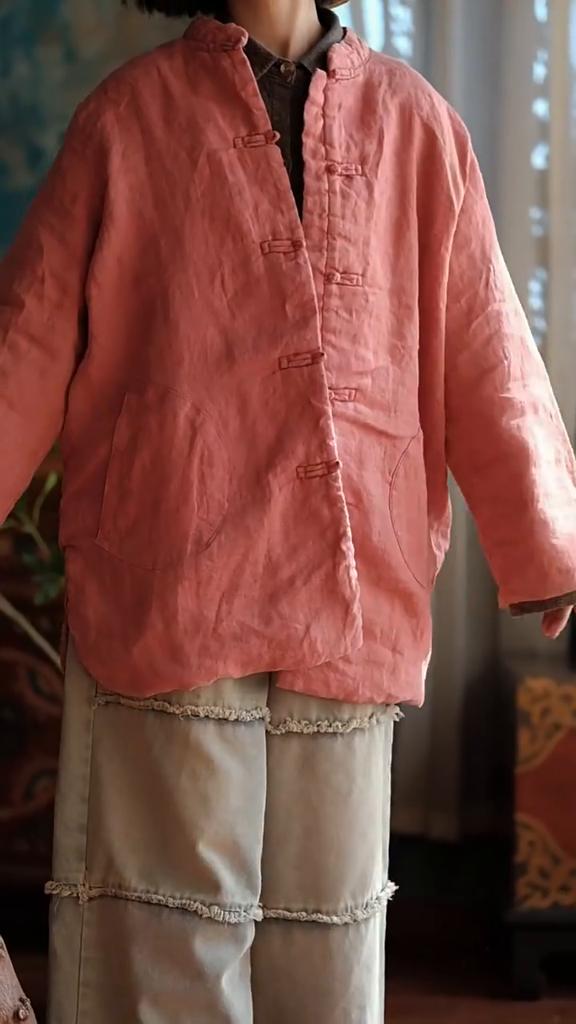 Johnature Women Chinese Style Stand Winter Parkas Orange Pink Button Coats Long Sleeve Linen Plus Cotton Women Parkas