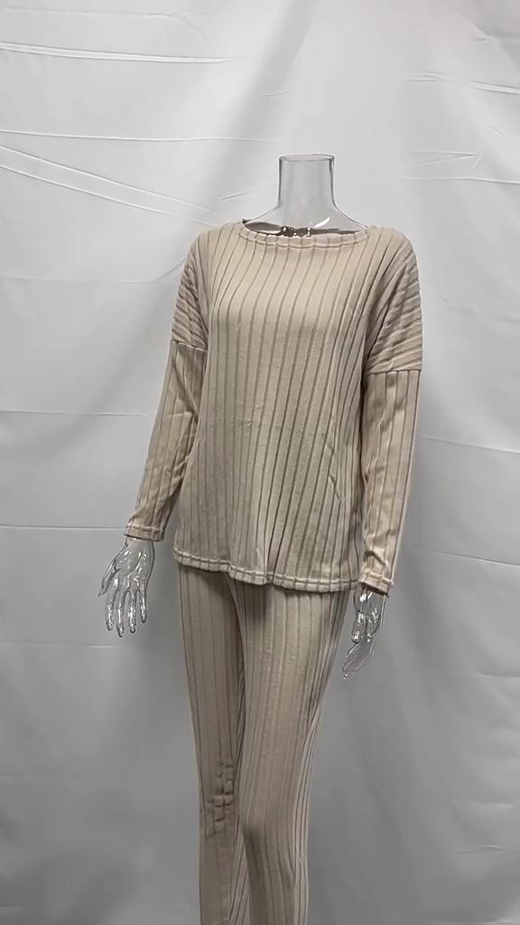 Female Suit, Autumn New Fashionable Casual Temperament Loose Round Neck Pit Stripe Knitted Suit for Women