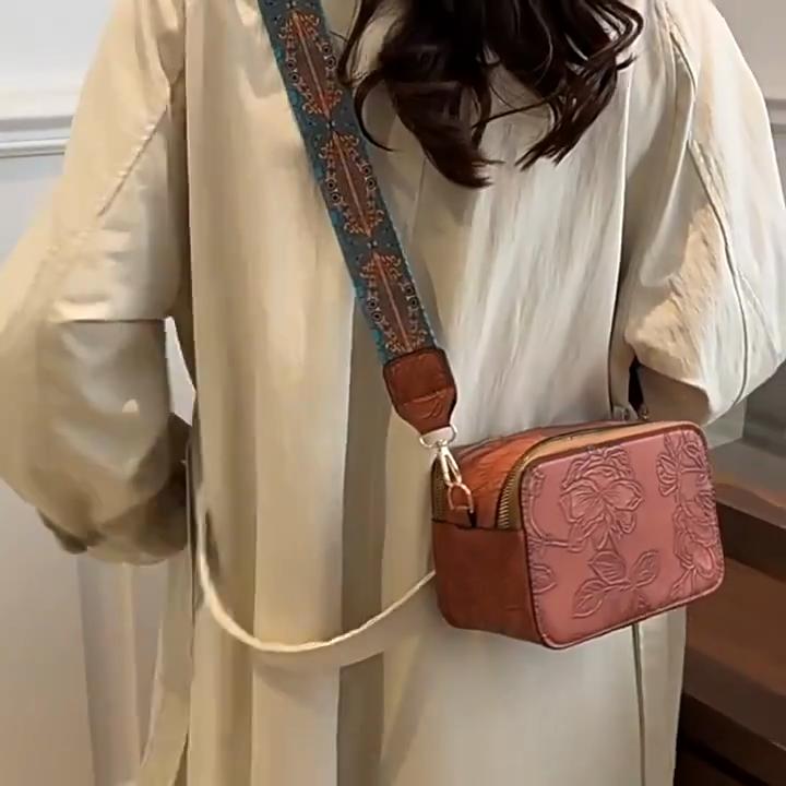 Yogodlns Retro Embossed Craft Camera Bag Women's Wide Shoulder Strap Oblique Shoulder Bag Crossbody Square Handbag Purse