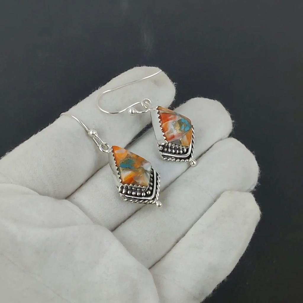 Naturalne Pomarańczowe Ostrygi Kolczaste Turkusowe Antyczne Kolczyki Srebro Próby 925 Kolczyki Wiszące, Biżuteria Boho Srebrna, Prezent na Dzień Kobiet