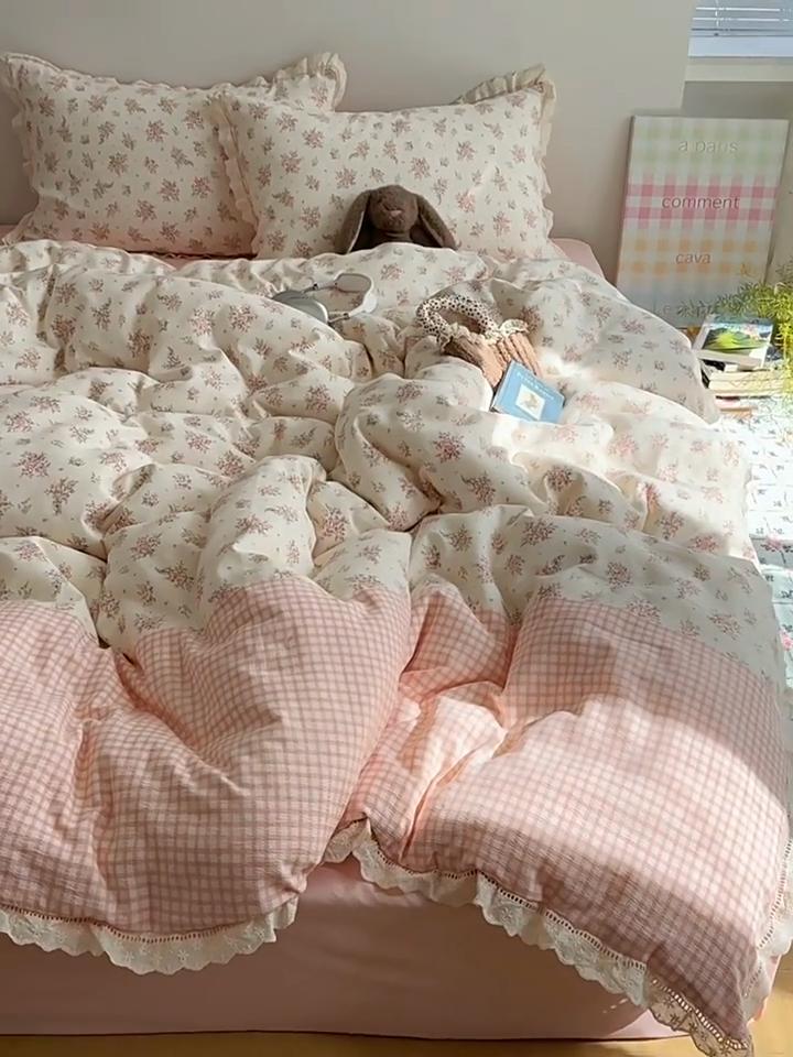 Seersucker Floral Bedding Four-piece Set Washed Skin-friendly Breathable Sheets Quilt Cover Pillowcase