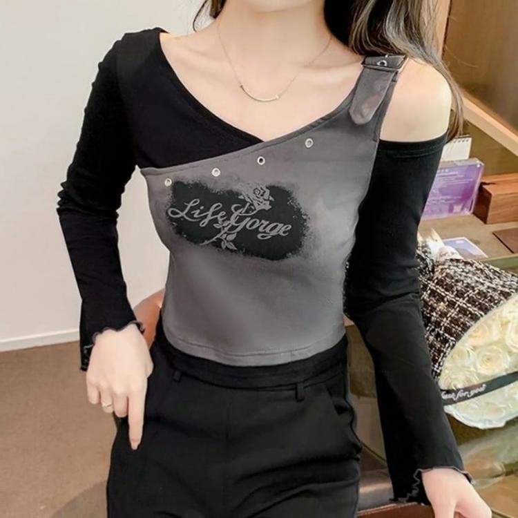 Spring Summer New Printing Fashion Long Sleeve T-shirt Women High Street Casual Off Shoulder Edible Tree Fungus Slim Pullovers