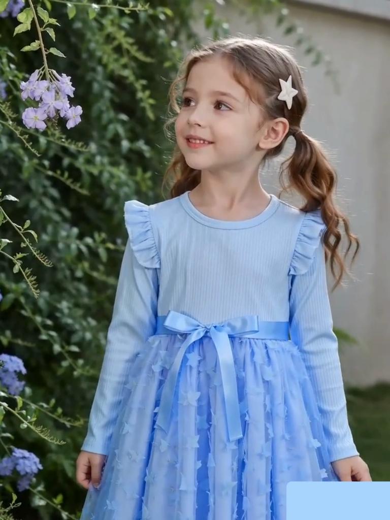 Girls Light Blue Ribbed Long Sleeve Dress, Ruffle Shoulder Belt Bow 3D Butterfly Tulle Princess Skirt