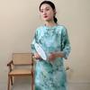 Johnature Chinese Style Ramie High Quality Dress Spring Summer Stand Retro Women A-Line Print Floral Dresses
