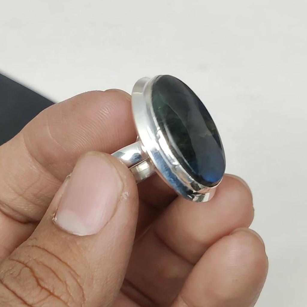 Natural Labradorite Adjustable 925 Sterling Silver Ring - Fits US Sizes 6 to 11 - Handmade Boho Jewelry for Women & Men, Gift For Mom