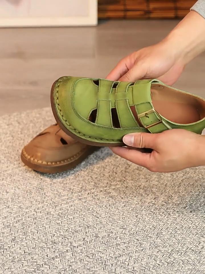 Johnature Sandály z pravé kůže v retro stylu s kulatou špičkou, prodyšné s výřezy, všestranné dámské ploché boty