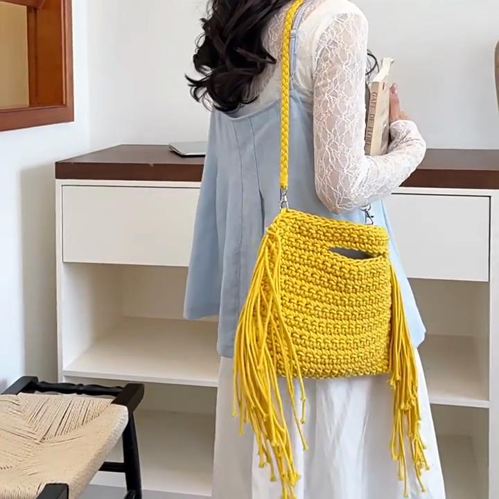 Yogodlns Knitted Tassel Bag New Summer Vacation Style Single Shoulder Diagonal Cross Woven Bag Fashionable Simple Women's Handbag