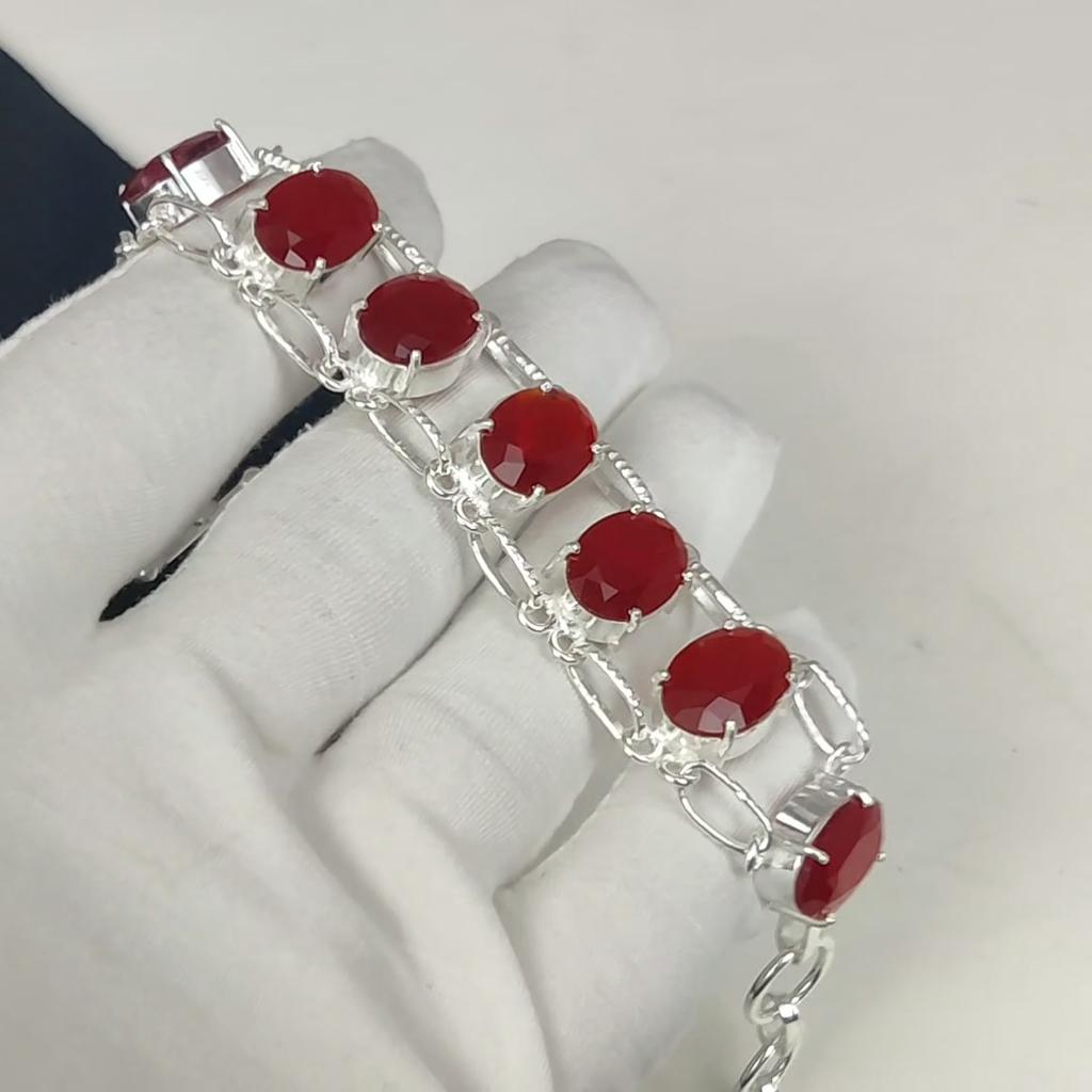 Pulseira Incrível de Prata de Lei 925 Feita à Mão com Gema de Rubi Vermelho, Pulseira de Rubi Vermelho para Esposa, Pulseira Unissex, Presentes de Ação de Graças