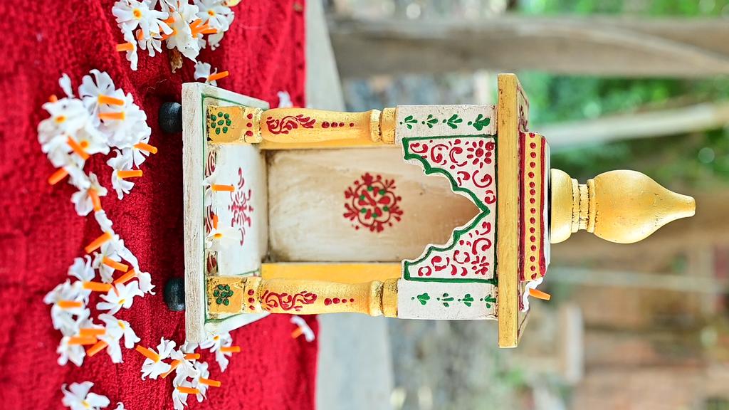 Embossed Painted Wood Mandir: Antique Finish Wall Shrine