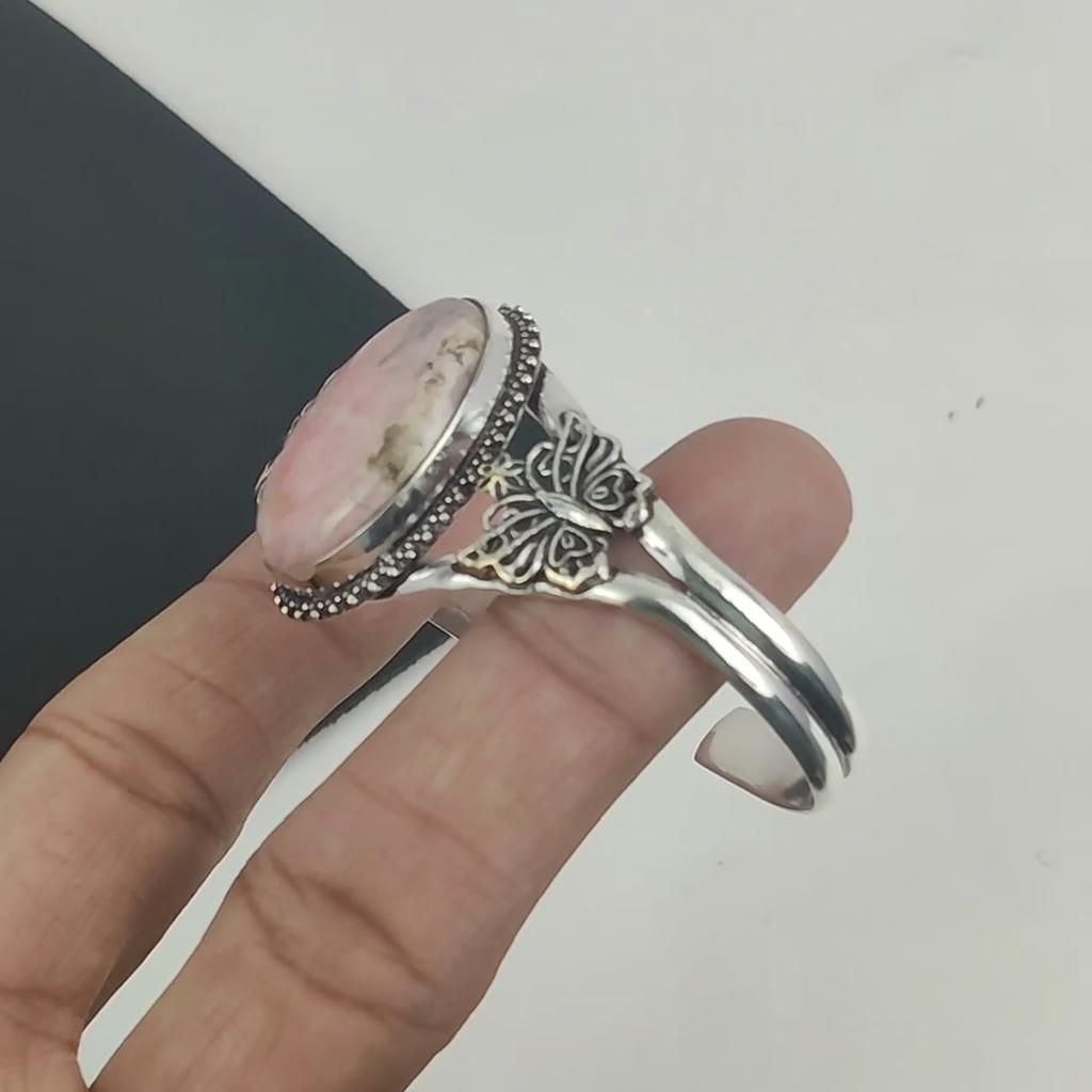 Natural Rhodonite Gemstone Handmade 925 Sterling Silver Cuff Bangle, Rhodonite Bangle,For Wife, Unisex Bangle, Gifts For Party Wear