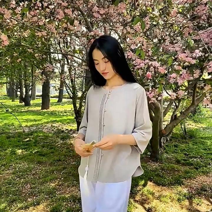 Johnature Women Knitted T-Shirts Solid Color O-Neck Spring Seven Sleeve Button Fold Casual T-Shirts