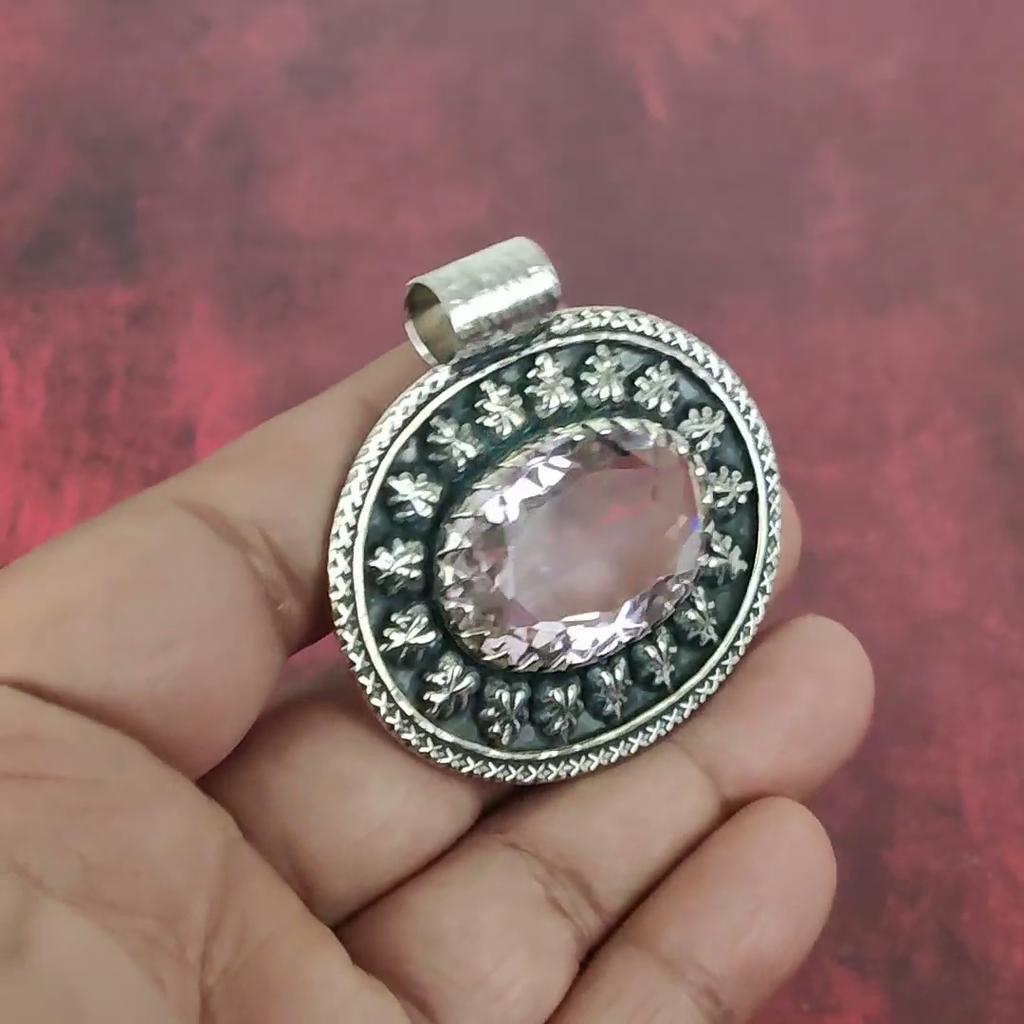 Rosa Kunzit Anhänger Edelstein Schmuck, 925 Sterling Silber Anhänger, handgefertigter Schmuck Geburtsstein Anhänger, Geschenk für Ihn
