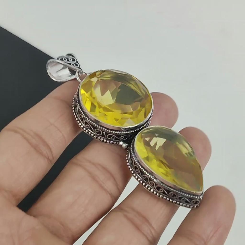 Amazing Citrine Gemstone Pendant 925 Sterling Silver- Handmade Design, Everyday Wear Jewelry, Unique Citrine Double Stone Pendant Gifts