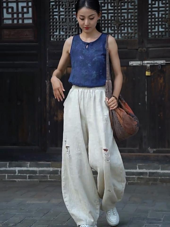 Johnature Women Vintage Bloomers Pants Elastic Waist Autumn Trousers Solid Color Loose Hole Long Pants