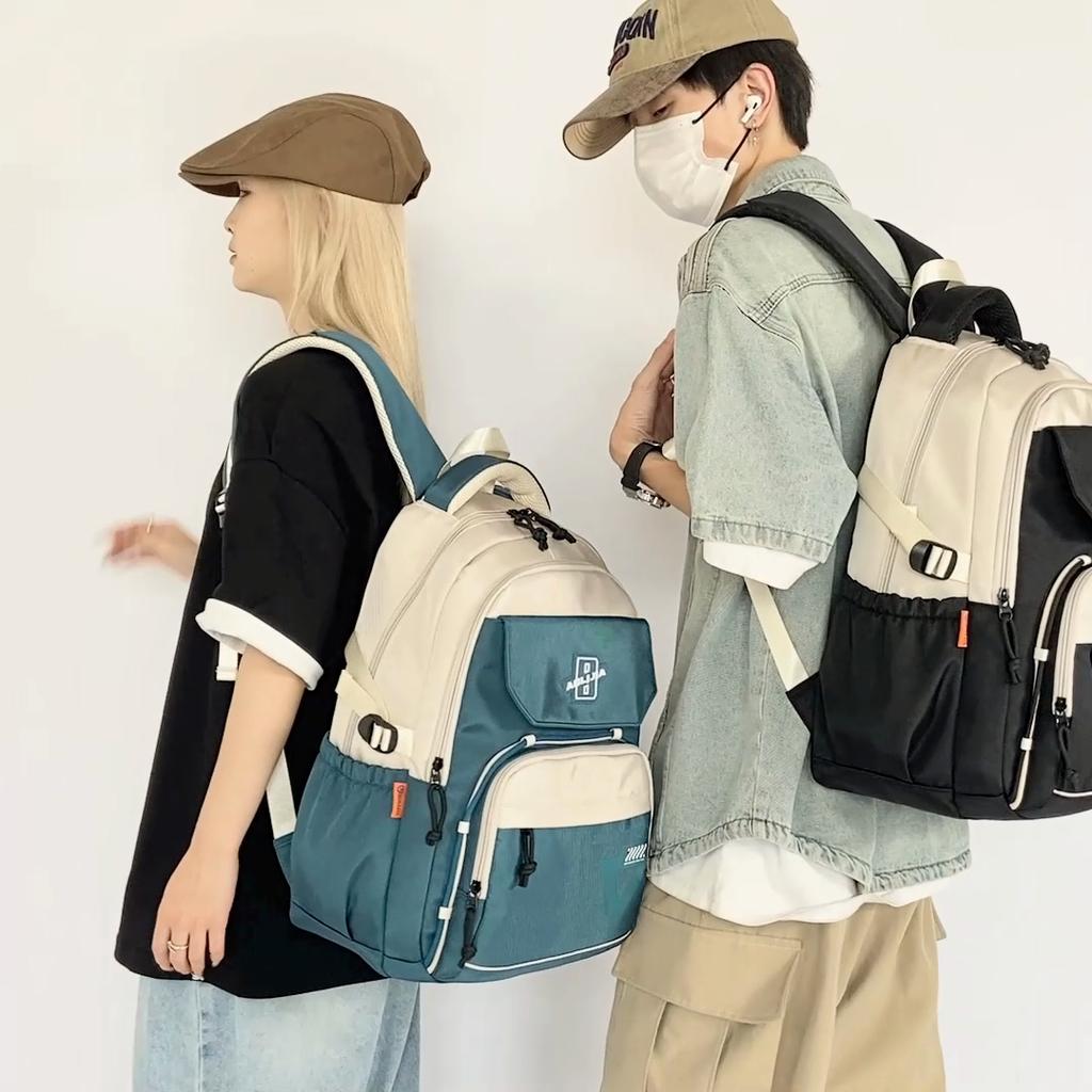 Men Contrast Backpack Large Capacity Student Schoolbag Women Travel Backpack