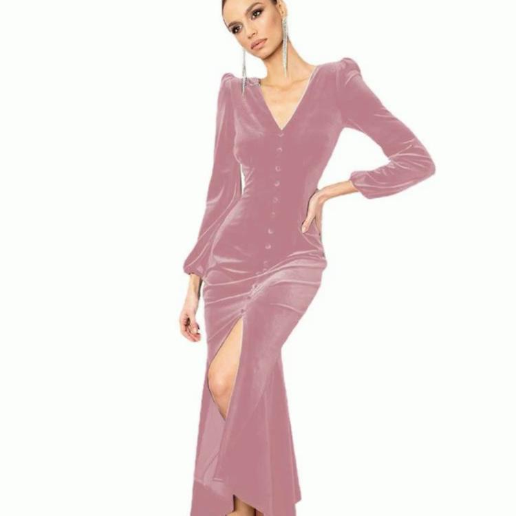 Knitted V-neck Padded Shoulder Long Sleeved Dress Women's Intellectual Temperament Dress Long Skirt