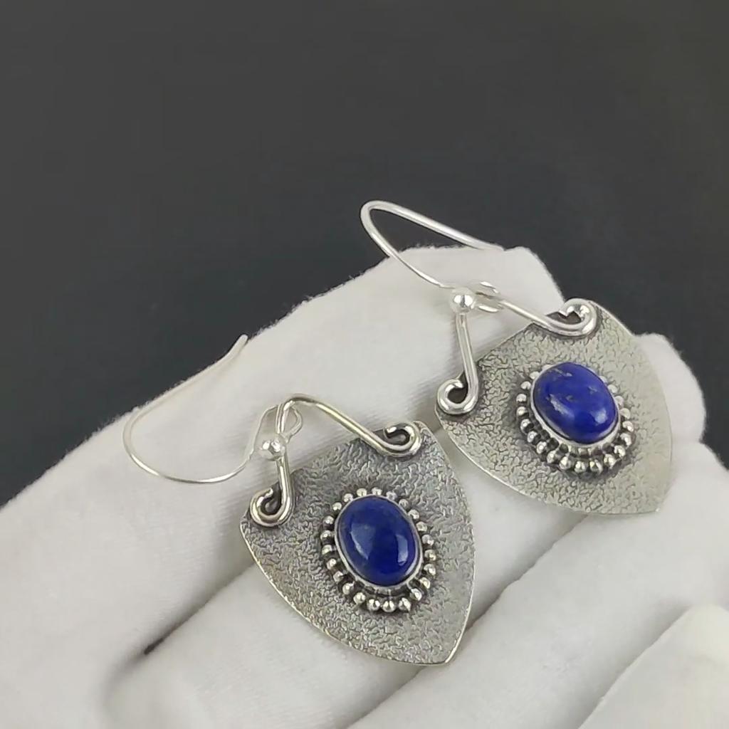 Natural Lapis Lazuli Gemstone Hoop Earrings, 925 Sterling Silver Earring, Handmade Boho Silver Jewelry Dangle Earrings, Wadding Gift