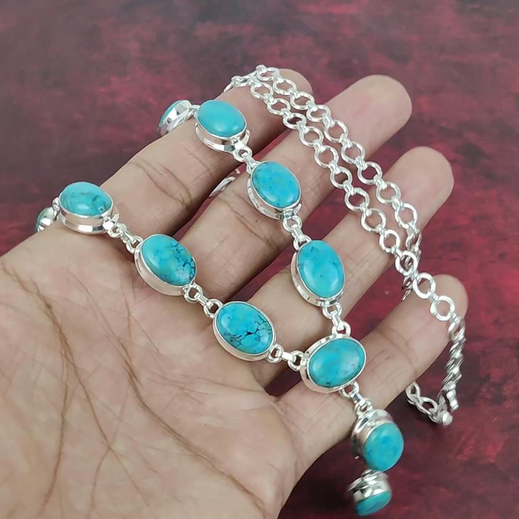 Blue Turquoise Handmade Gemstone Necklace, 925 Solid Sterling Silver Antique Jewelry Adjustable Chain Necklace, For Engagement Gift