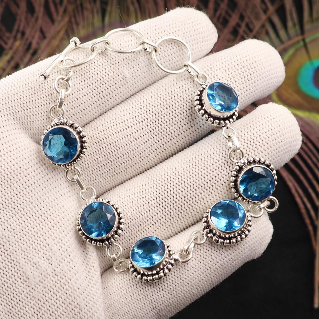 Gema Topacio Azul Suizo Plata de Ley 925 Joyería Pulsera Hecha a Mano 7-9" RB-17-8