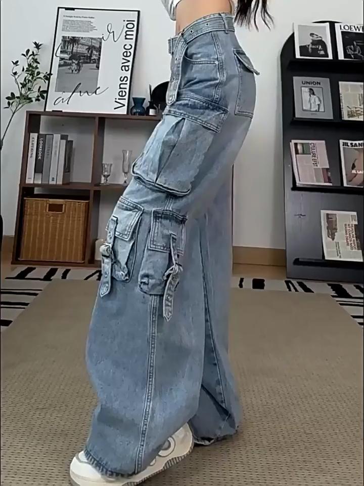 Ladies Cargo Jeans American Street Style Baggy Cargo Pants Women Blue Multi-pocket Wide Leg Jeans for Women