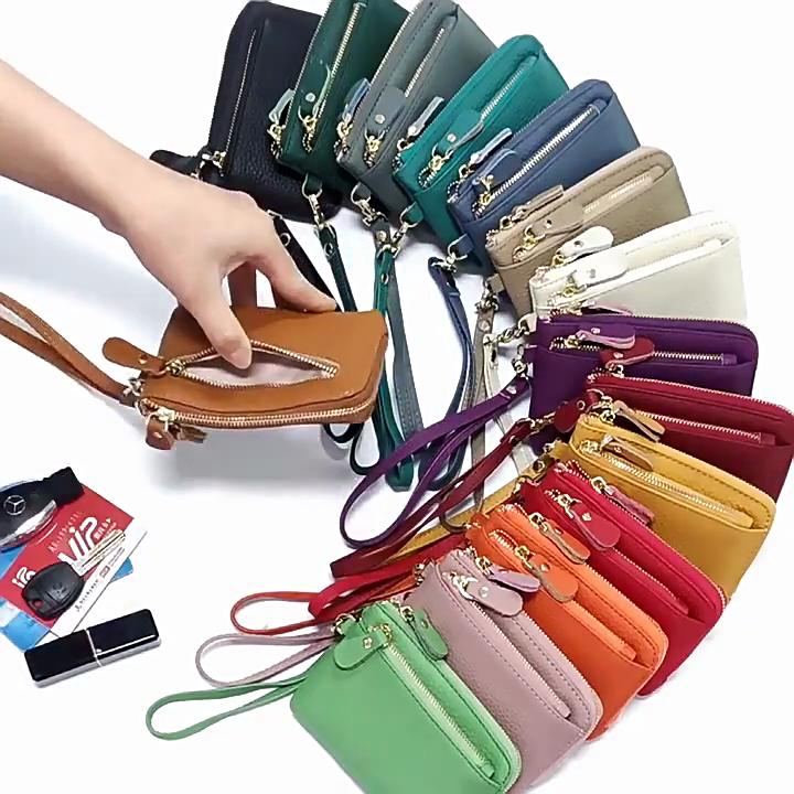 Dame PU Læder Dobbelt Lynlås Møntpung Håndledsrem Pung Stor Kapacitet Kortindehaver Nøglepung Lille Clutch Taske med Nøgleringsrem