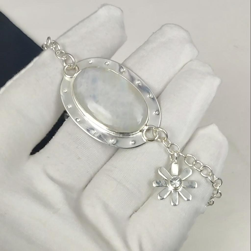 Natural Rainbow Moonstone Gemstone Handmade 925 Sterling Silver Bracelet, White Topaz Bracelet For Wife, Unisex Bracelet, Anniversary Gift