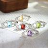 S925 Silver 6*8 Crystal Open Ring, Multiple Colors, Adjustable European Style Band, Daily Jewelry Gift for Women