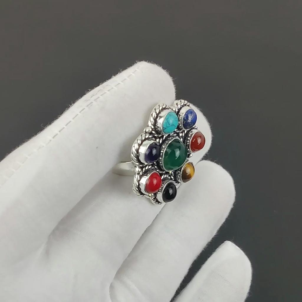 7 Chakra Edelstein Handgefertigt 925 Sterlingsilber Ring - Böhmischer Schmuckring - Handgefertigter Boho-Schmuck für Frauen & Männer, Geburtstagsgeschenke