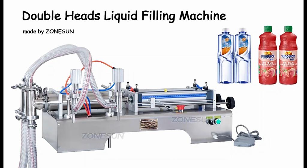 ZONESUN Pneumatic Liquid Filling Machine Double Head Piston Pump Filler for Shampoo Juice Milk Edible Plastic Oil Bottle ZS-YT2