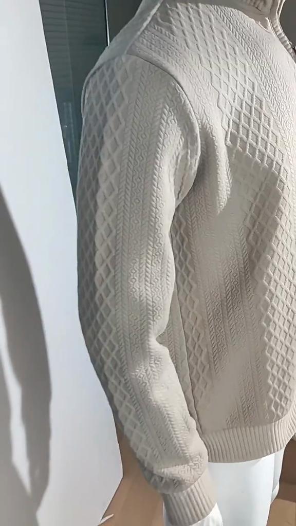 New American Fashion Men Sweatshirts Casual Loose Stand Collar Zip-up Long-sleeved Pullover Leisure Jacquard Solid Color Tops