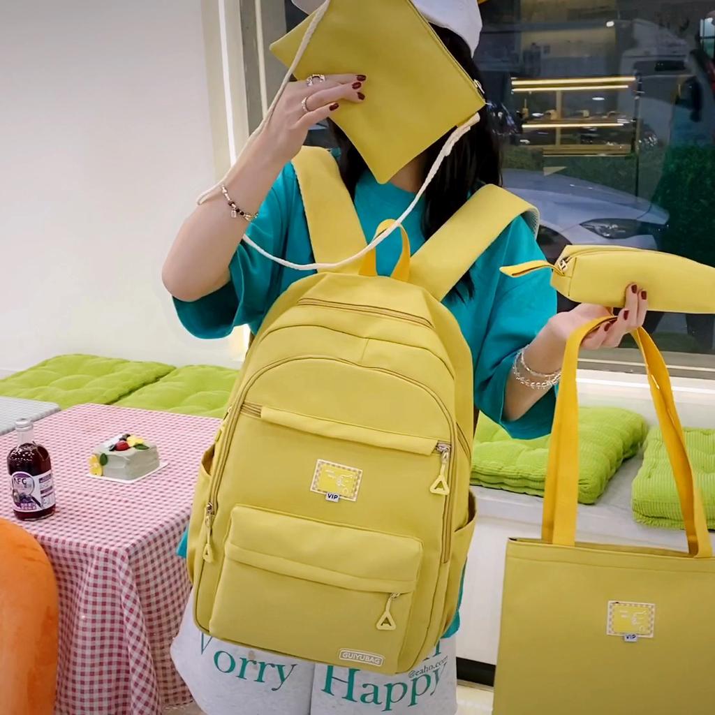 Four-Piece Backpack Set Women's Campus Backpack Solid Color Student Schoolbag