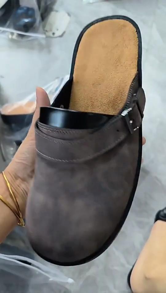 Men Slip-on PU Leather Mules Clogs Outdoor Soft Sole Slippers Casual Sandals Flats Plus Size 38-48